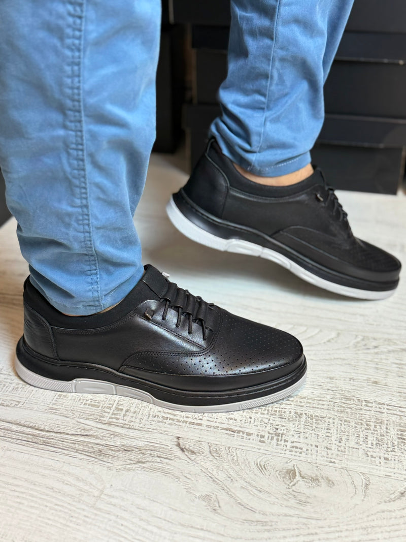 Adidasi barbati, Negru Usori si confortabil, Cusuti , EMESTO Piele Naturala cod 473