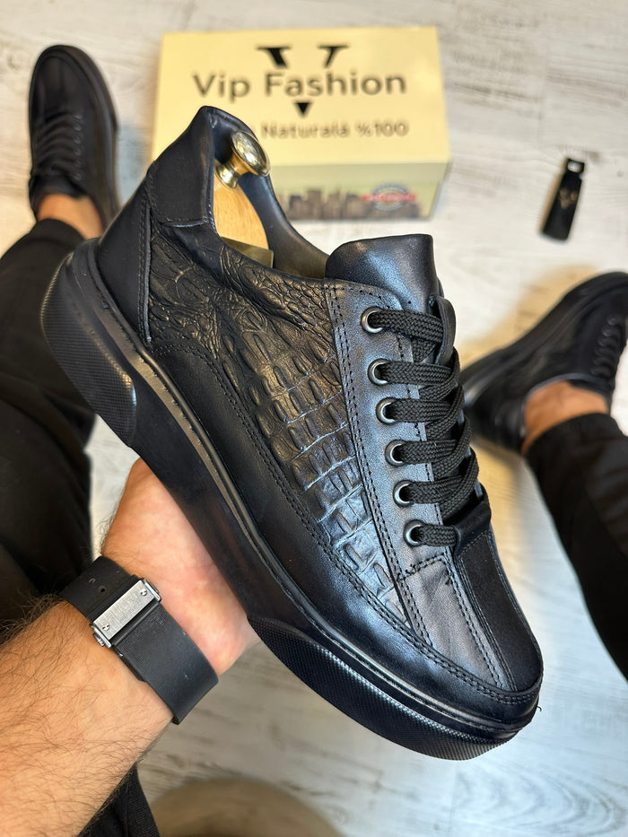 Pantofi Sport Casual Croco Negru Piele Naturala Barbati  COD 842