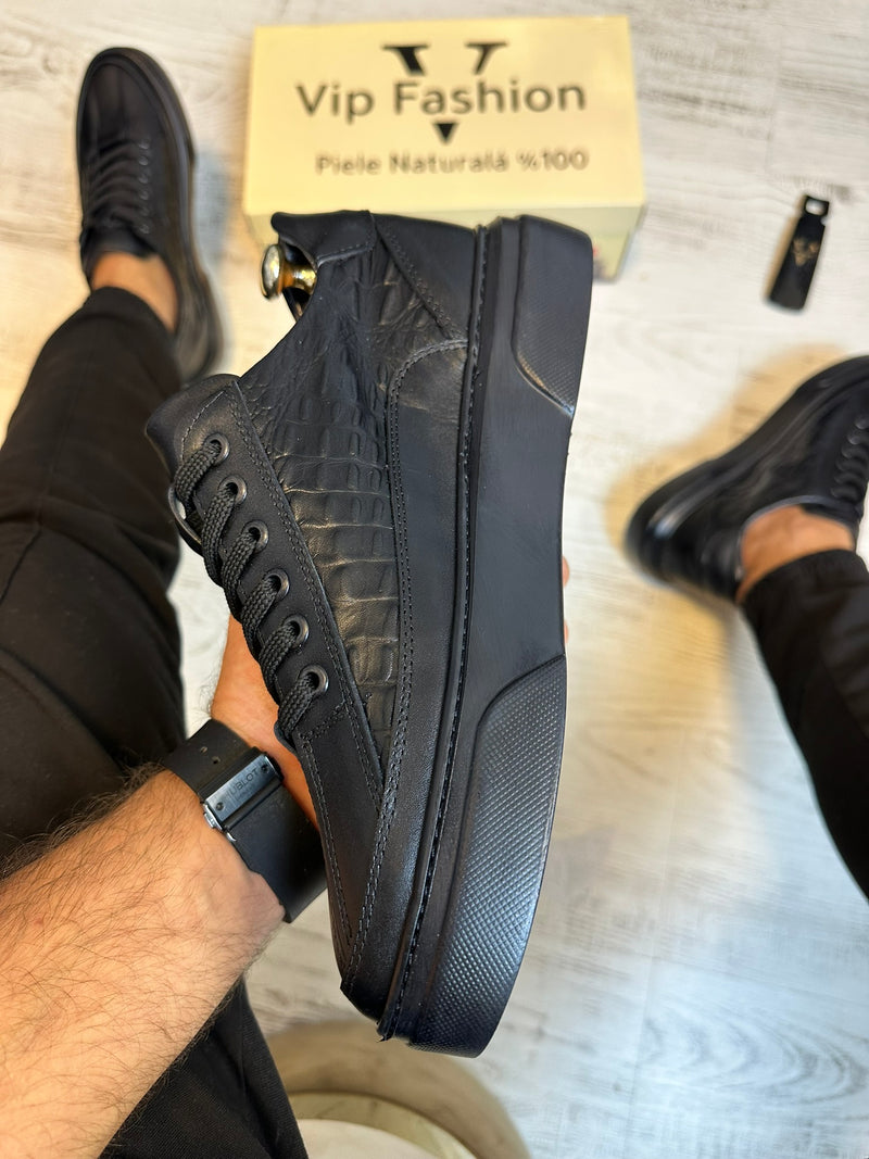 Pantofi Sport Casual Croco Negru Piele Naturala Barbati  COD 842