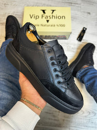 Pantofi Sport Barbati Negru talpa Spuma Siret Elastic Casual Piele Naturala 100% COD 868