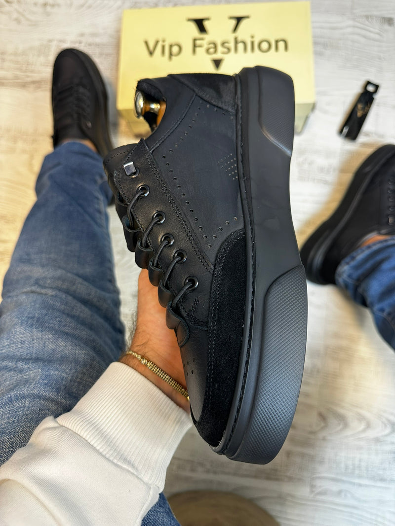 Pantofi Sport Barbati Negru talpa Spuma Siret Elastic Casual Piele Naturala 100% COD 868