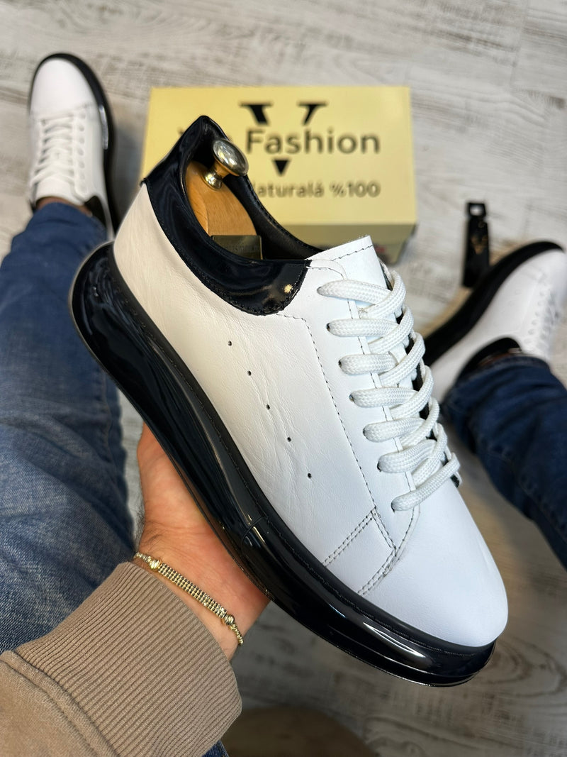 Pantofi Sport barbati Premium ,Talpa Silicon , Alb talpa Neagra Piele Naturala cod 894