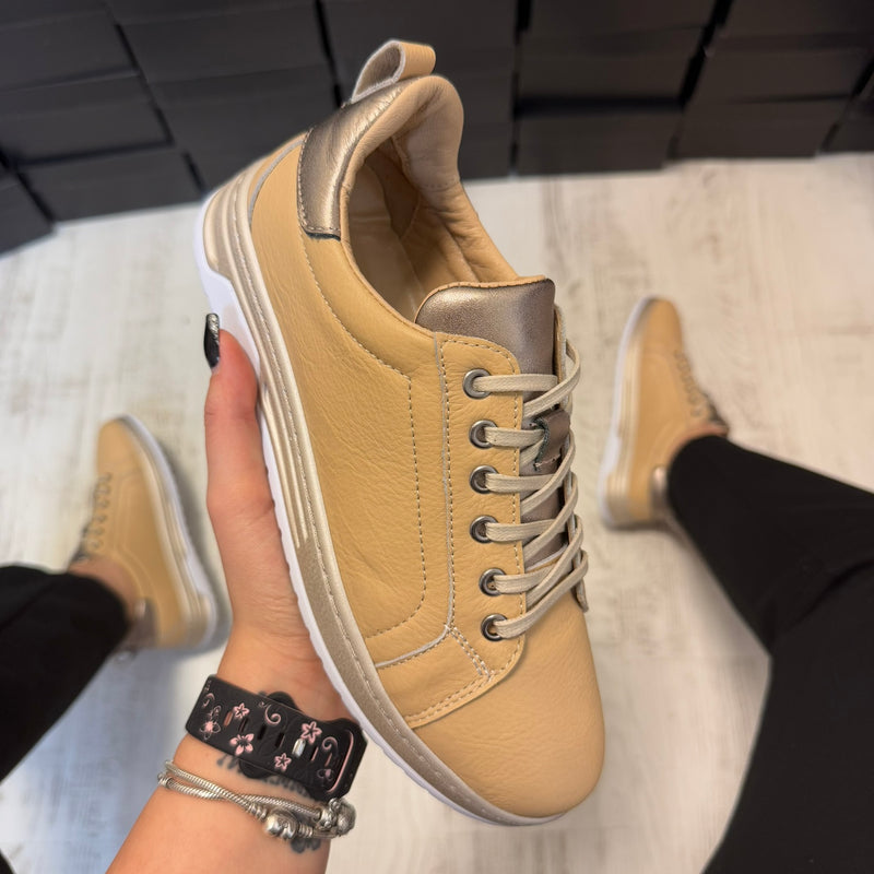 Pantofi damă casual cu șiret din piele naturală BEIGE&GOLD Cod 729