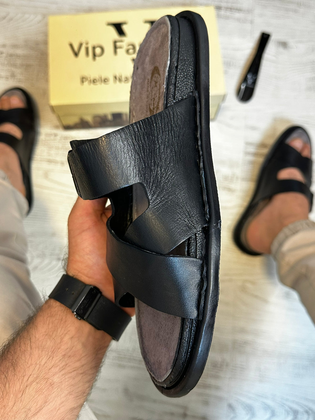 Papuci Barbati Premium Cusuti Din Piele Naturala 100% COD 964