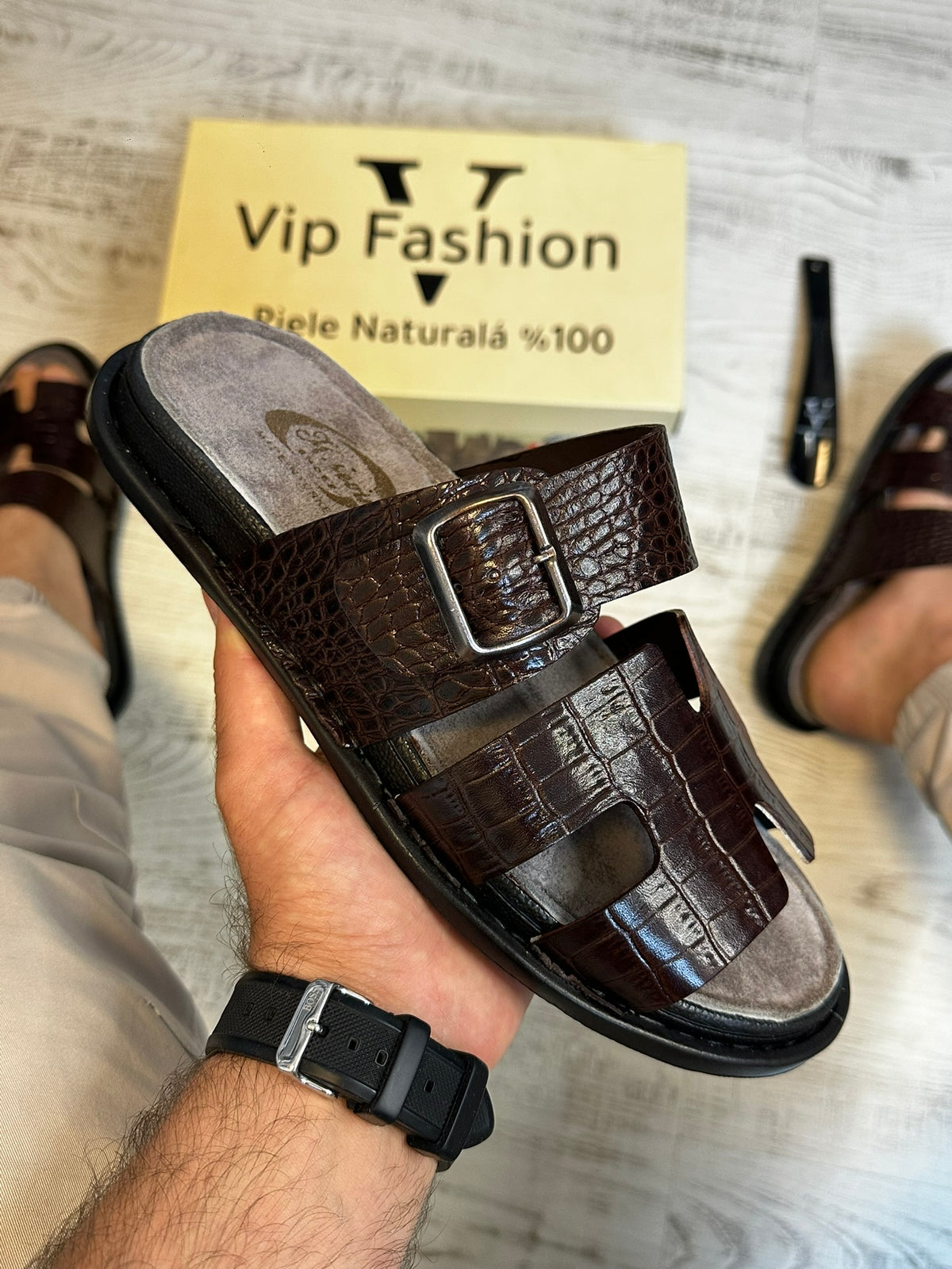 Papuci Barbati H  Premium Cusuti Din Piele Naturala 100% COD 974
