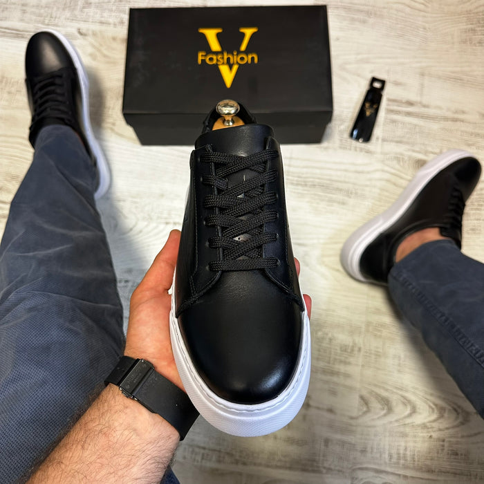 Pantofi Sport Barbati Siret FASHION Negru talpa alba Piele Naturala  COD 777