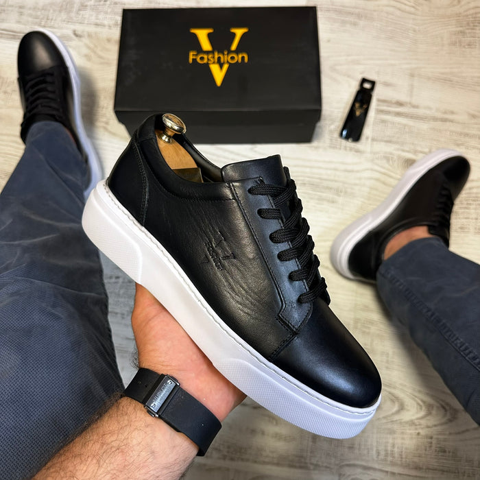 Pantofi Sport Barbati Siret FASHION Negru talpa alba Piele Naturala  COD 777