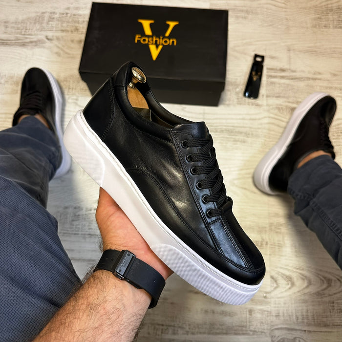 Pantofi Sport Barbati Siret Casual Negru Talpa Alba Piele Naturala  COD 770