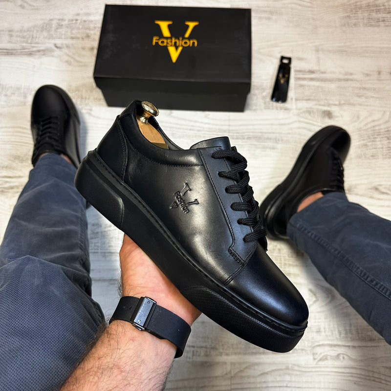 Pantofi Sport Barbati Siret FASHION Negru talpa neagra Piele Naturala  COD 778