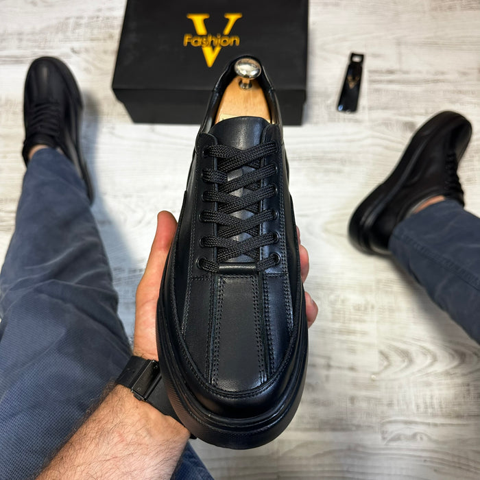Pantofi Sport Barbati Siret Casual Negru Talpa Neagra Piele Naturala  COD 772