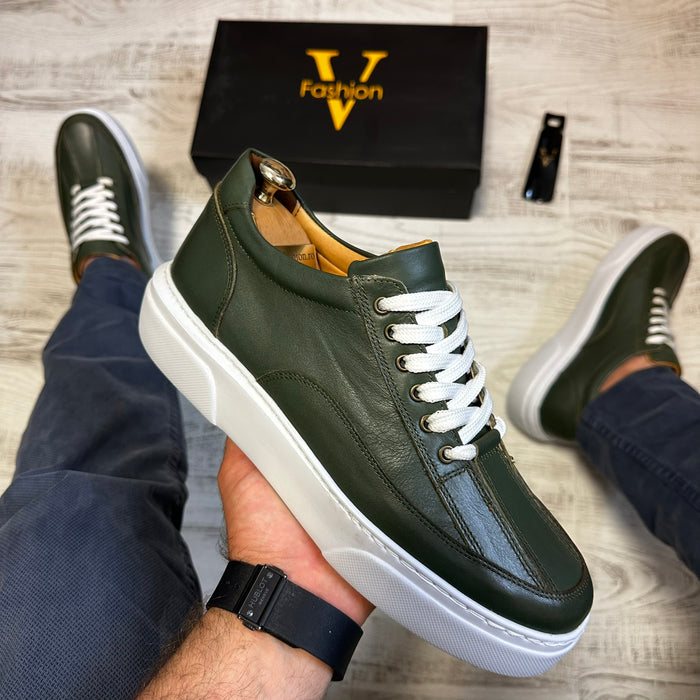 Pantofi Sport Barbati Siret Casual Verde Talpa Alba Piele Naturala  COD 773