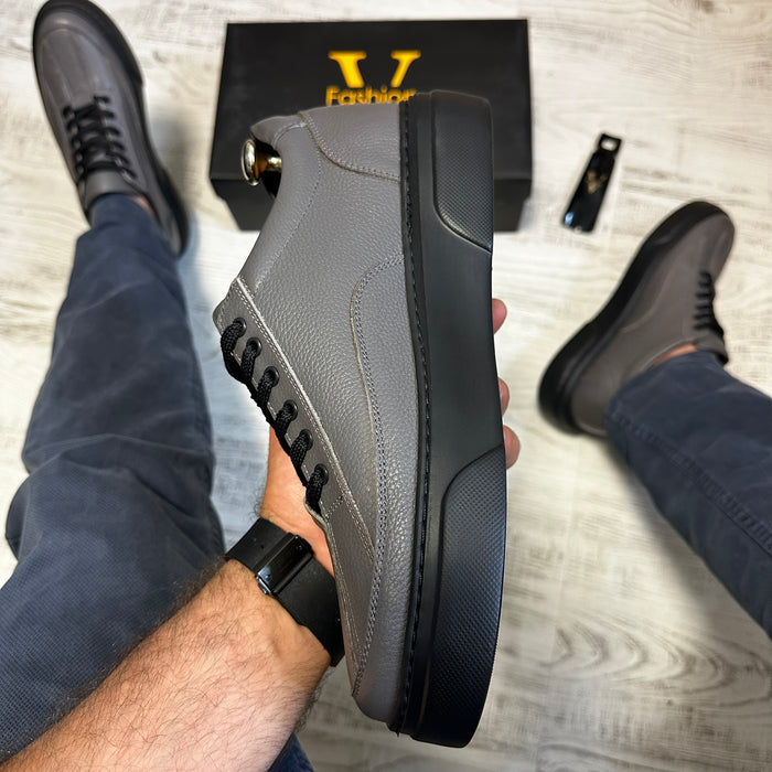 Pantofi Sport Barbati Siret Casual Gri cu Negru Piele Naturala  COD 774