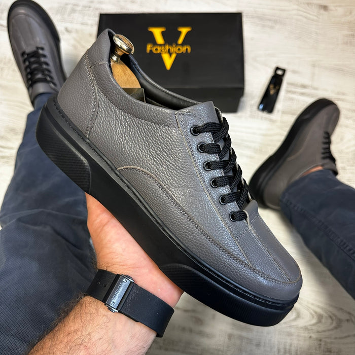 Pantofi Sport Barbati Siret Casual Gri cu Negru Piele Naturala  COD 774