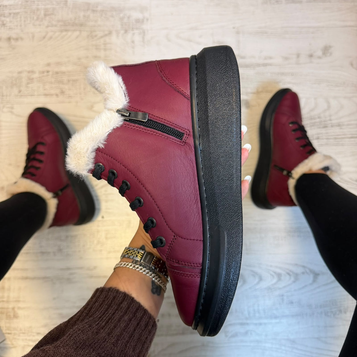 Ghete din piele naturală 100% Imblanite, BURGUNDY confortabile și rezistențente COD 178