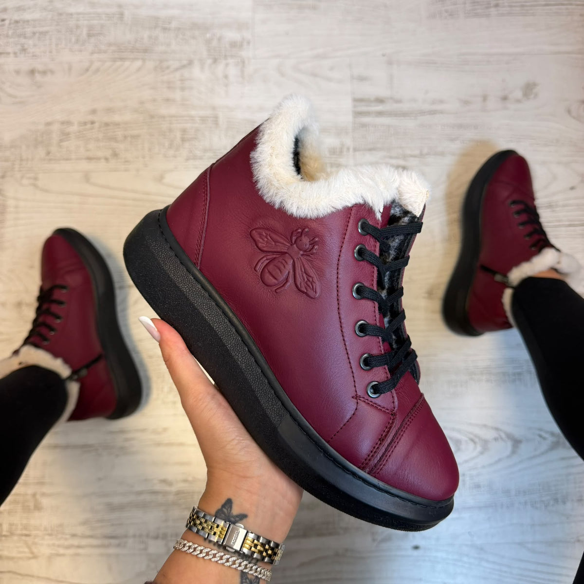 Ghete din piele naturală 100% Imblanite, Butterfly BURGUNDY confortabile și rezistențente COD 179