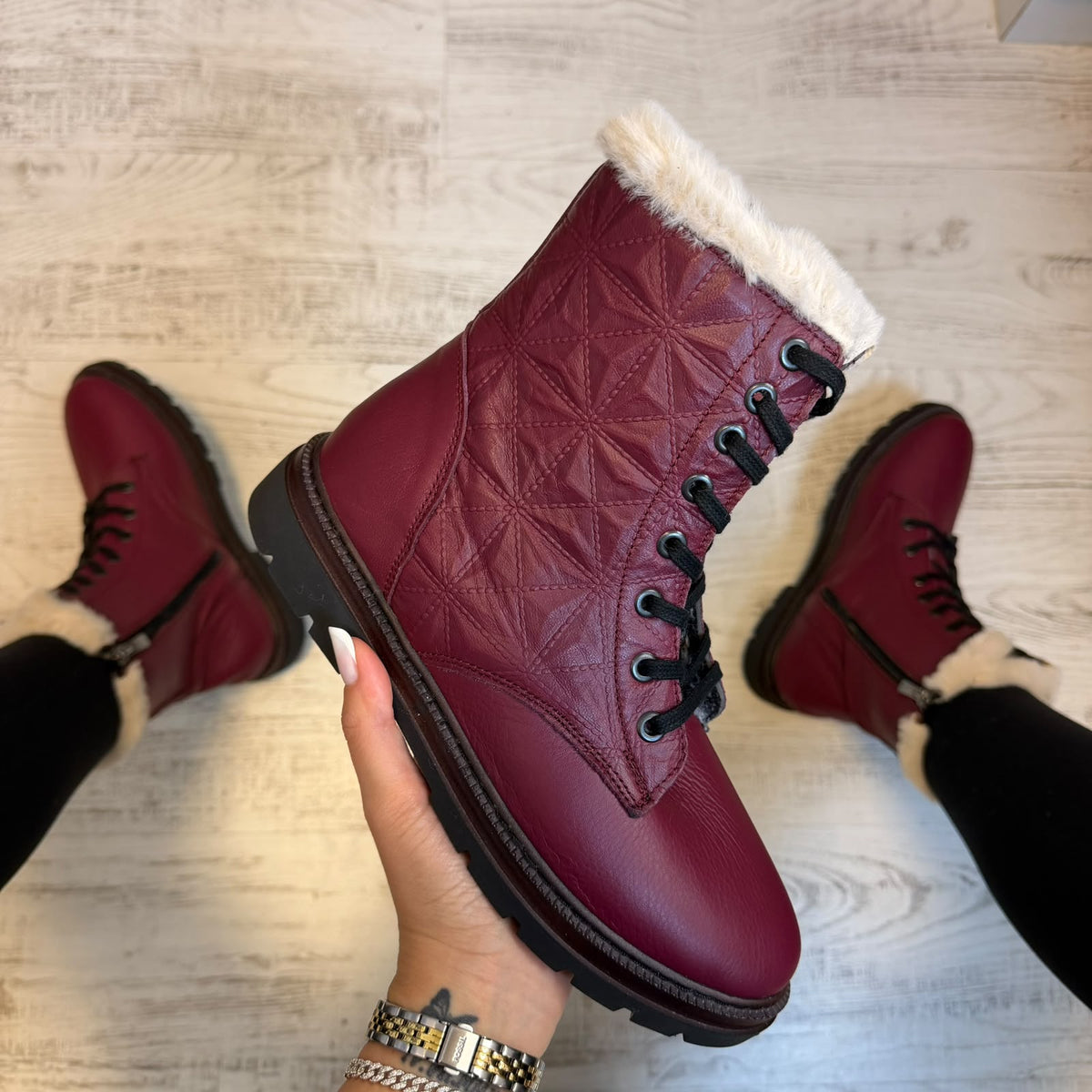 Ghete din piele naturală 100% Inalte Imblanite, BURGUNDY new confortabile și rezistențente COD 182