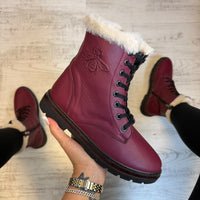 Ghete din piele naturală 100% Inalte Imblanite, Butterfly BURGUNDY confortabile și rezistențente COD 183