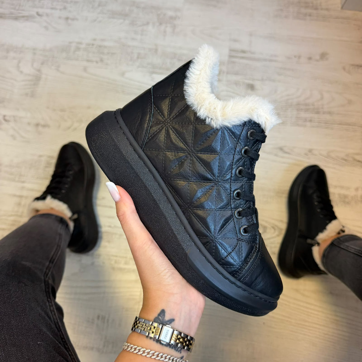 Ghete din piele naturală 100% Imblanite,  Black confortabile și rezistențente COD 187