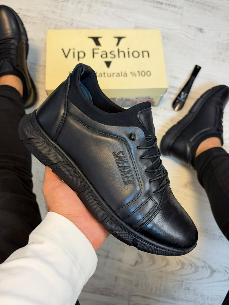 Adidasi barbati, SNEAKERS  Negrii ,usori confortabili, Cusuti, Piele Naturala cod 427 - 4288