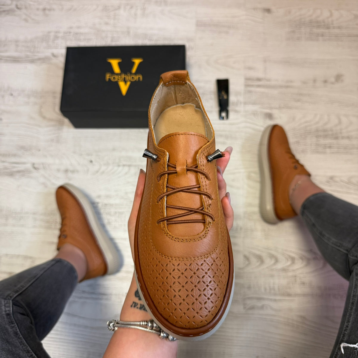 Pantofi damă casual cu șiret elastic din piele naturală Cod 751