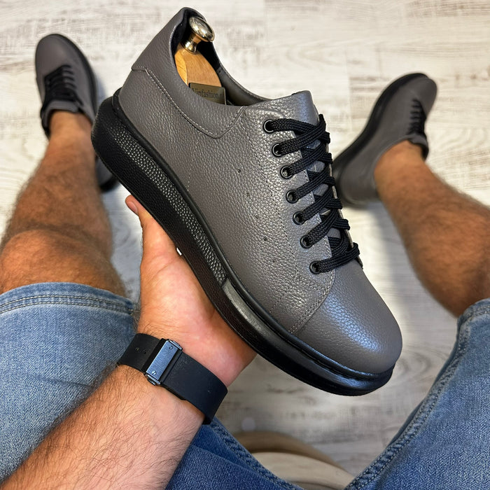 Pantofi Sport Barbati Siret Gri-Negru Casual Piele Naturala  COD 801
