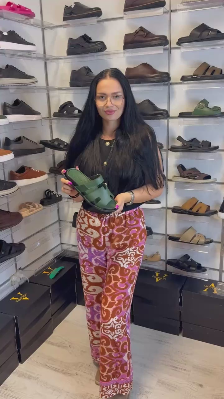 Papuci Verzi Barbati Premium Cusuti Din Piele Naturala 100% COD 799